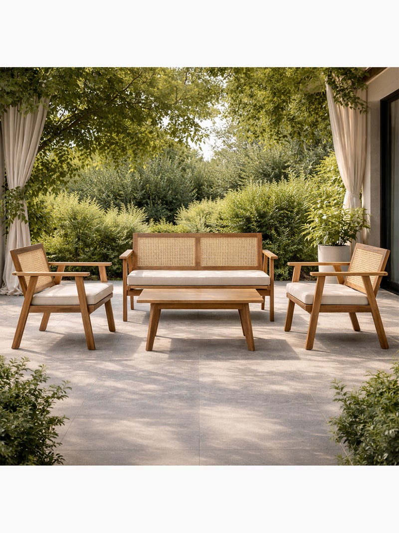HANOI Salon de jardin 4 places en acacia et cannage Marron - Kiabi