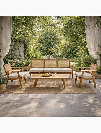 HANOI Salon de jardin 5 places en acacia et cannage