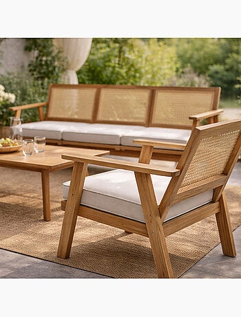 HANOI Salon de jardin 5 places en acacia et cannage