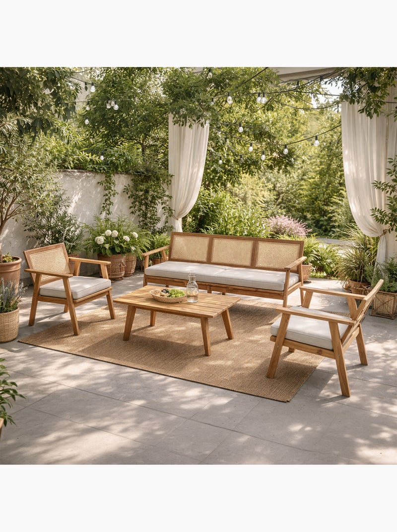 HANOI Salon de jardin 5 places en acacia et cannage Marron - Kiabi