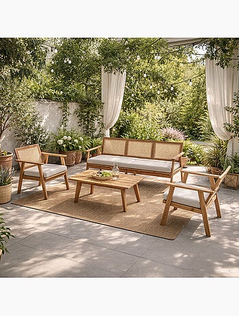 HANOI Salon de jardin 5 places en bois d’acacia et cannage