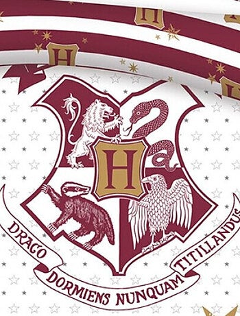 Harry Potter - Parure de Lit Enfant Coton Bio Blanc Blason - Housse de Couette 140x200 Taie 65x65 cm