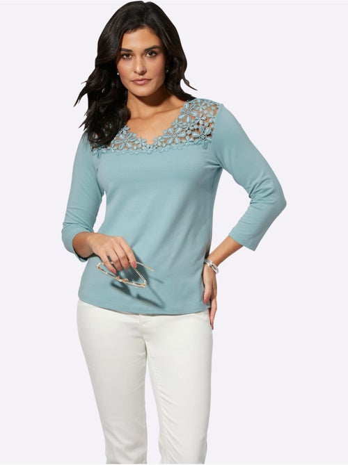 Haut à col en v et dentelle modal manches trois quarts - taille standard - helline - Kiabi Haut à col en v et dentelle modal manches trois quarts - taille standard - helline - Kiabi