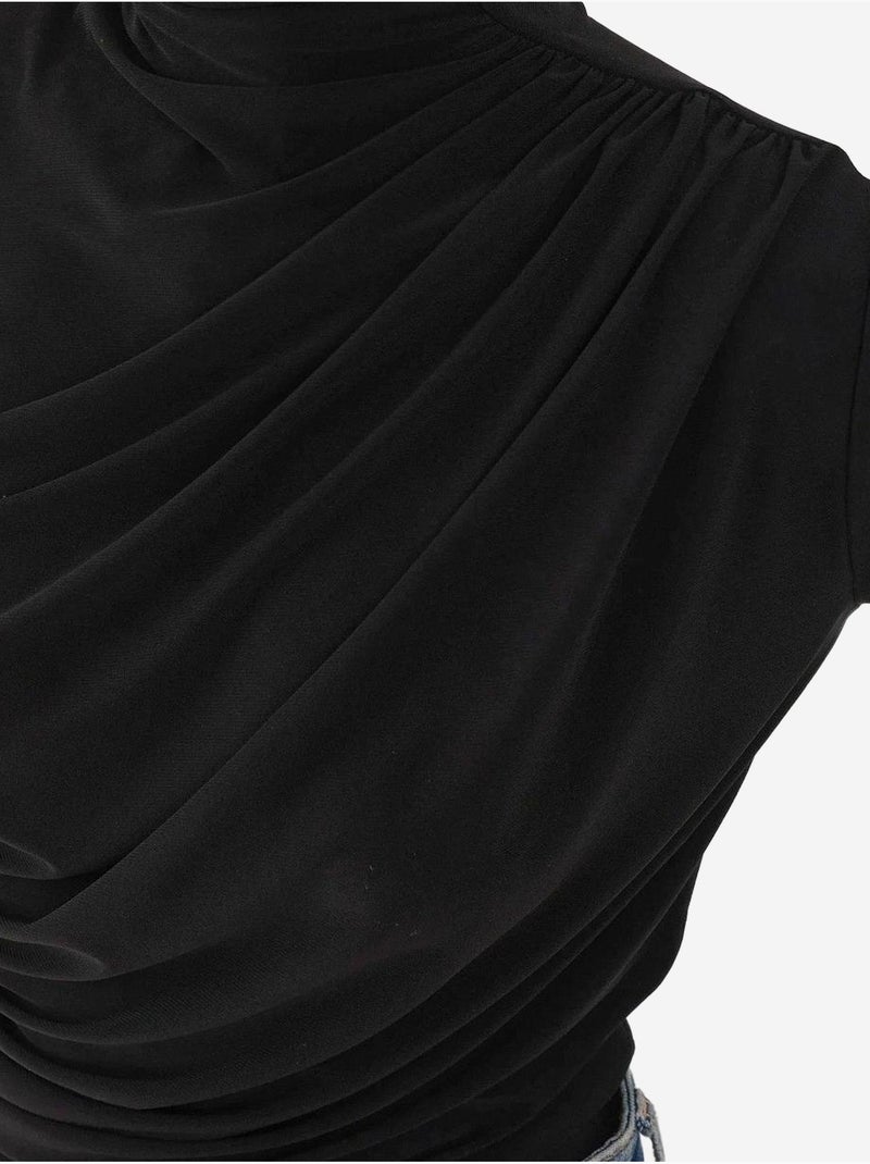 Haut à col roulé mi-long drapé, manches longues, coupe ajustée Noir - Kiabi