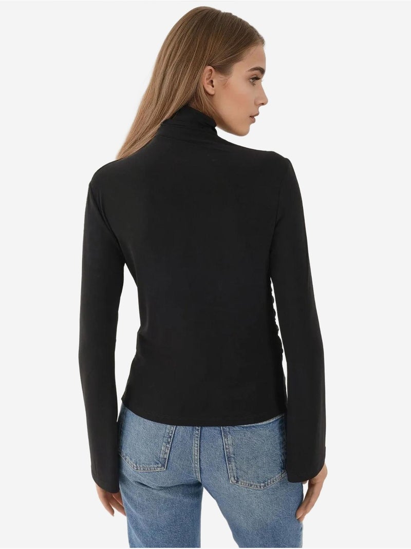 Haut à col roulé mi-long drapé, manches longues, coupe ajustée Noir - Kiabi