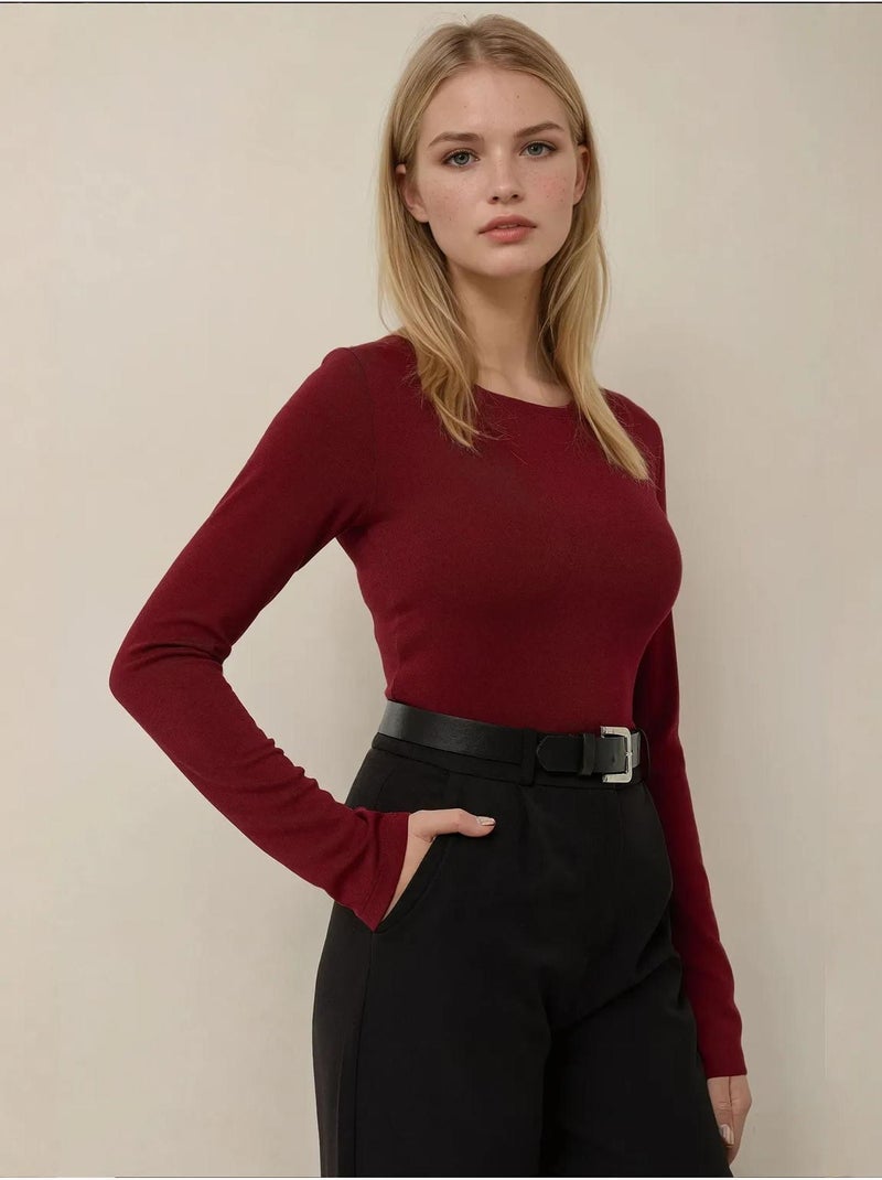 Haut à manches longues et col bateau coupe slim Rouge - Kiabi