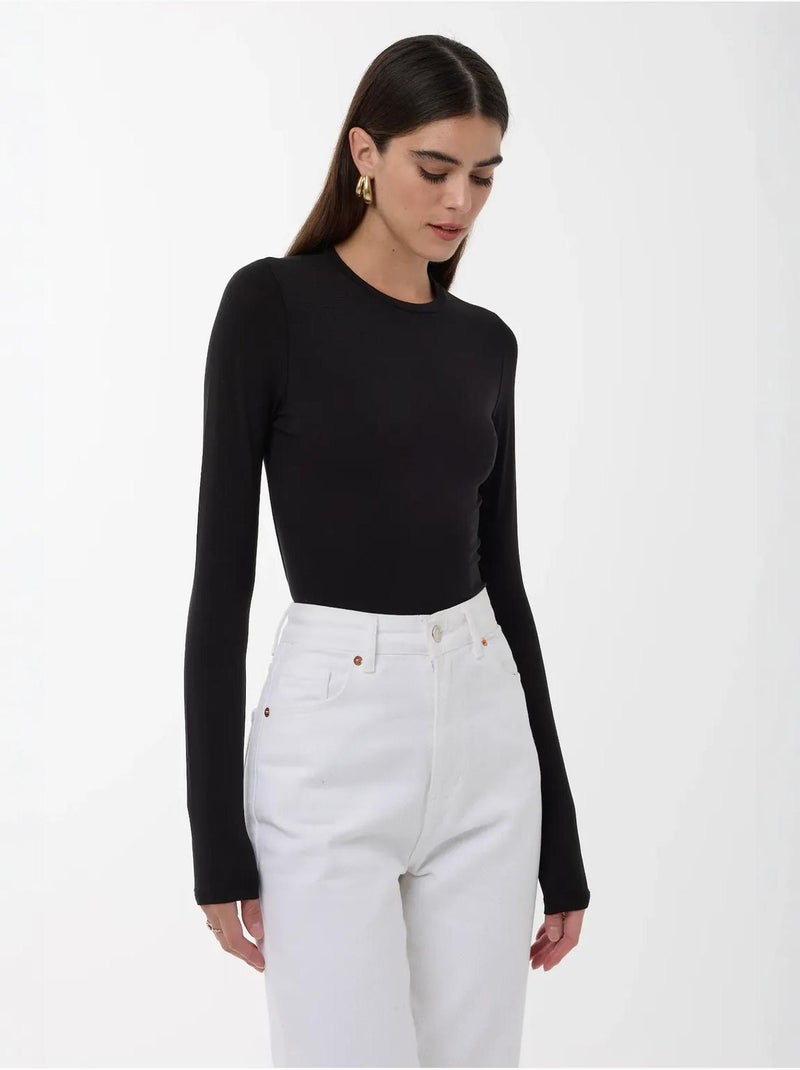 Haut à manches longues et col ras du cou coupe slim Noir - Kiabi