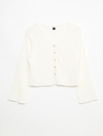 Haut col V en maille gaufrée avec boutons dorés