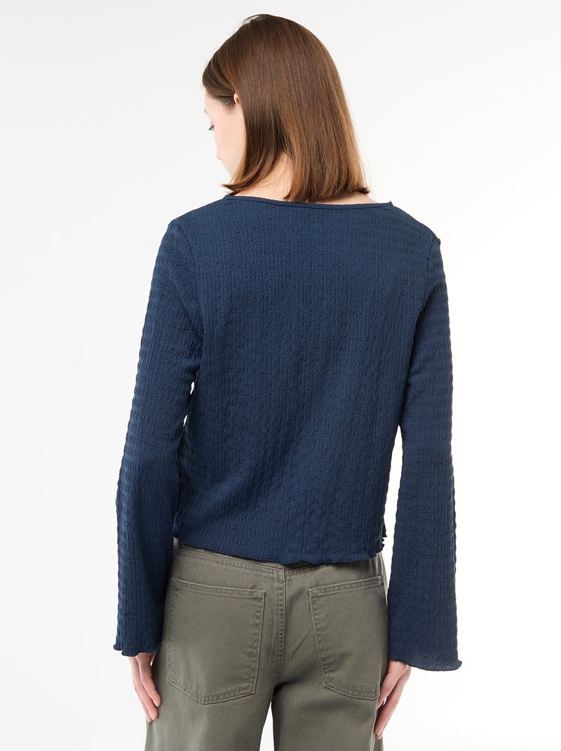 Haut col V en maille gaufrée avec boutons dorés Bleu - Kiabi