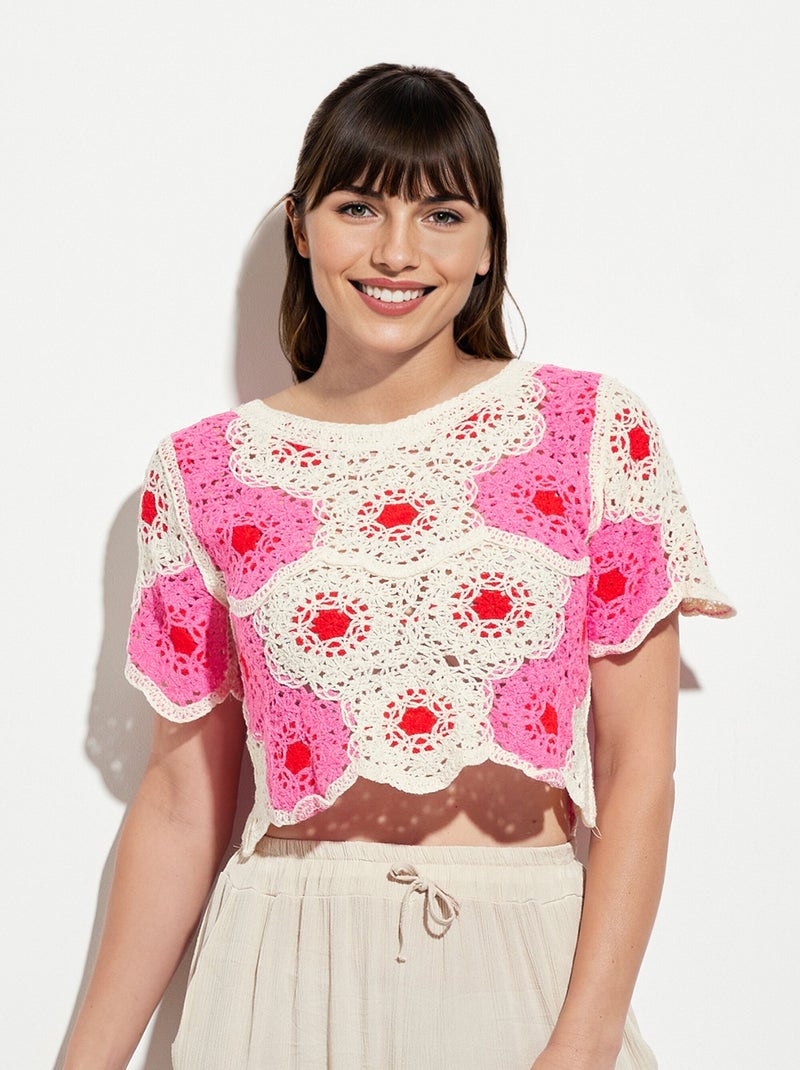 Haut court ajouré en crochet motif rosaces Multicolore - Kiabi