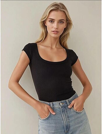 T-shirt court col rond ajusté côtelé manches courtes hiccup
