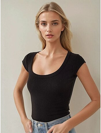 T-shirt court col rond ajusté côtelé manches courtes hiccup