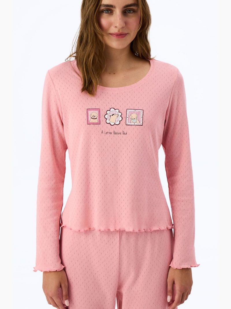 Haut de pyjama à manches courtes imprimé slogan en pointelle penti Vieux rose - Kiabi