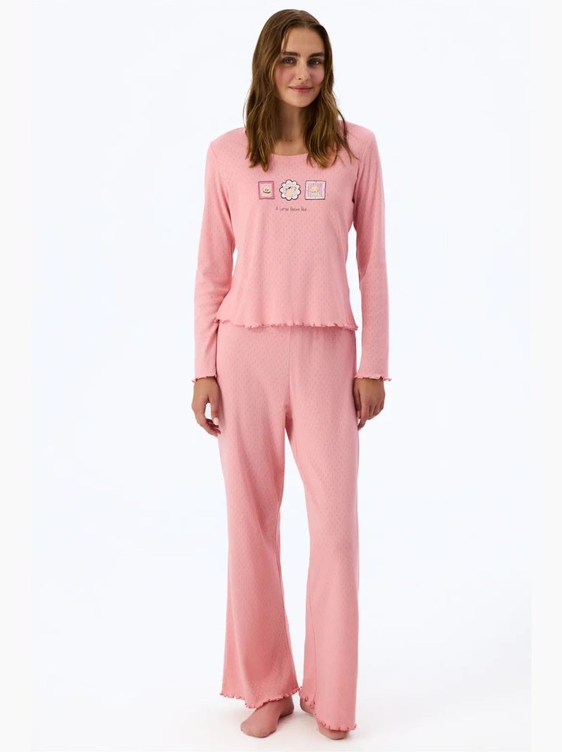 Haut de pyjama à manches courtes imprimé slogan en pointelle penti Vieux rose - Kiabi