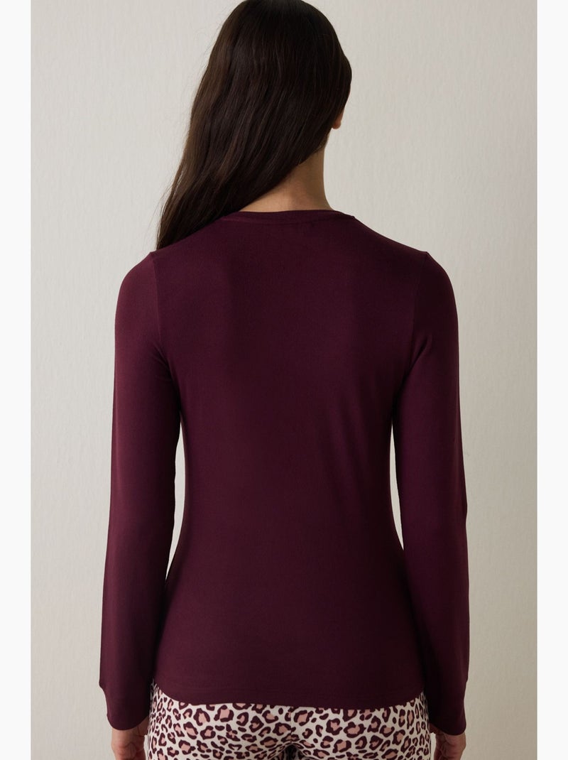 Haut de pyjama à manches longues, effet thermique et slogan penti Rouge bordeaux - Kiabi