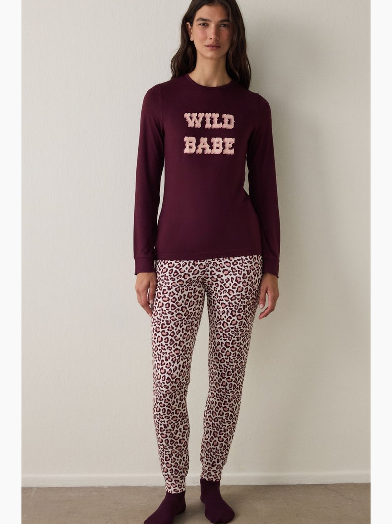 Haut de pyjama à manches longues, effet thermique et slogan penti Rouge bordeaux - Kiabi