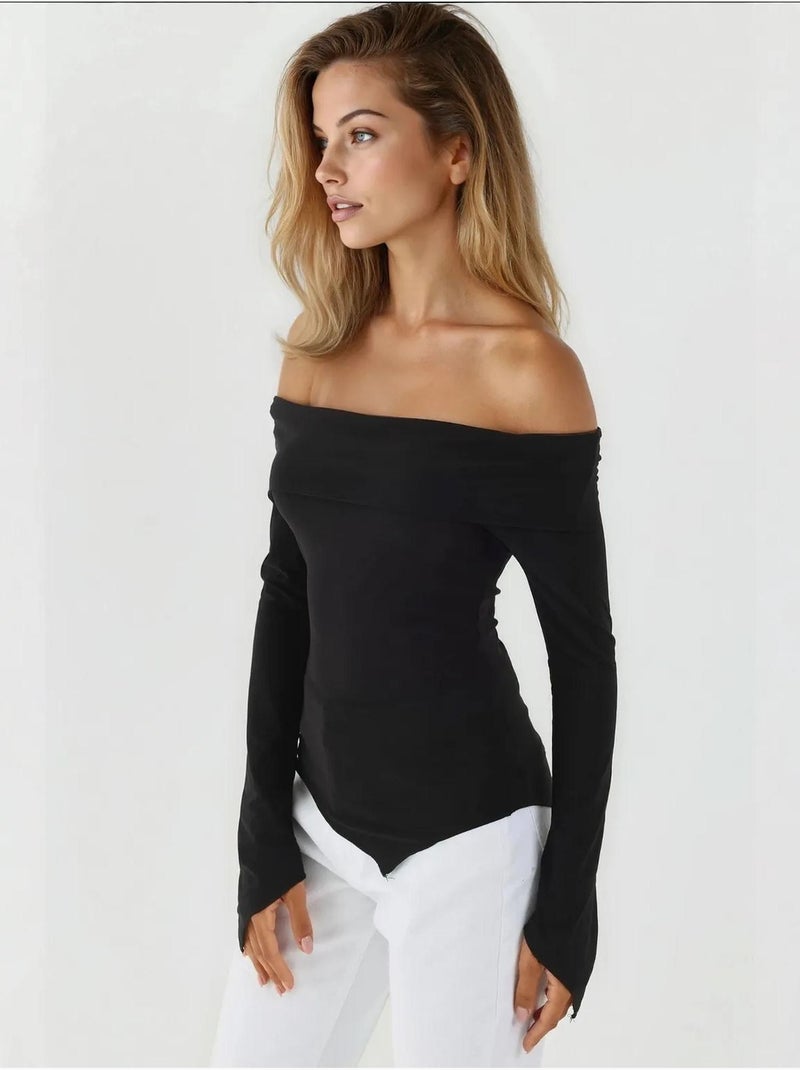 Haut élégant à col bateau et manches longues, coupe slim Noir - Kiabi