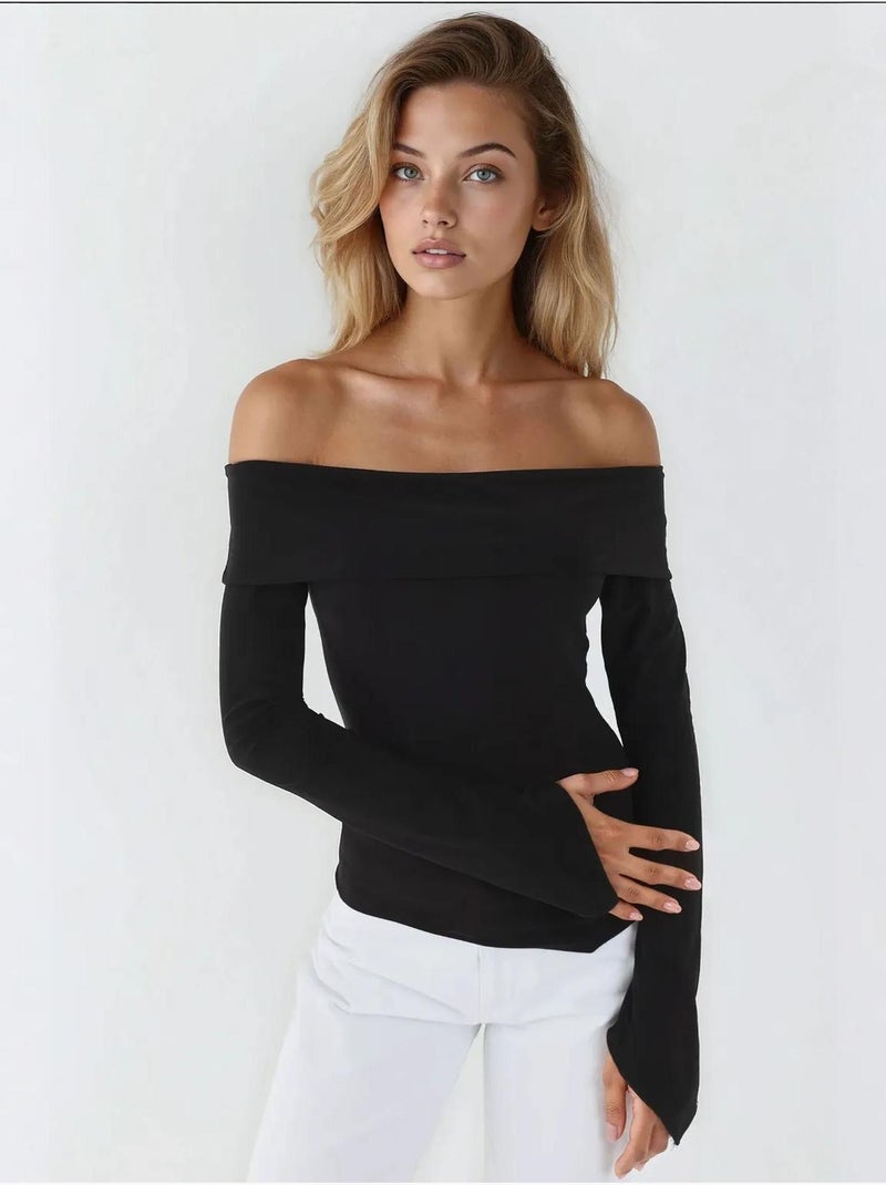 Haut élégant à col bateau et manches longues, coupe slim Noir - Kiabi