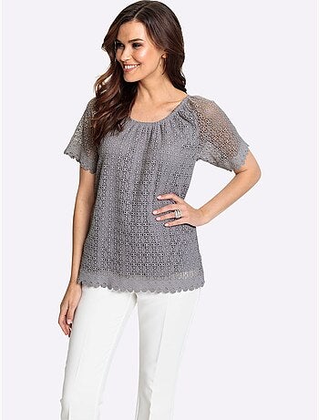 haut en dentelle avec doublure opaque et manches courtes col rond - Taille standard - Witt