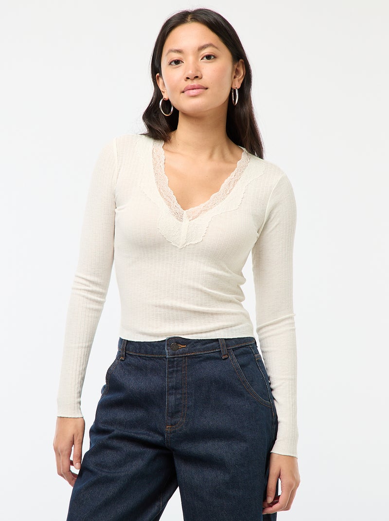 Haut en dentelle manches longues Blanc - Kiabi