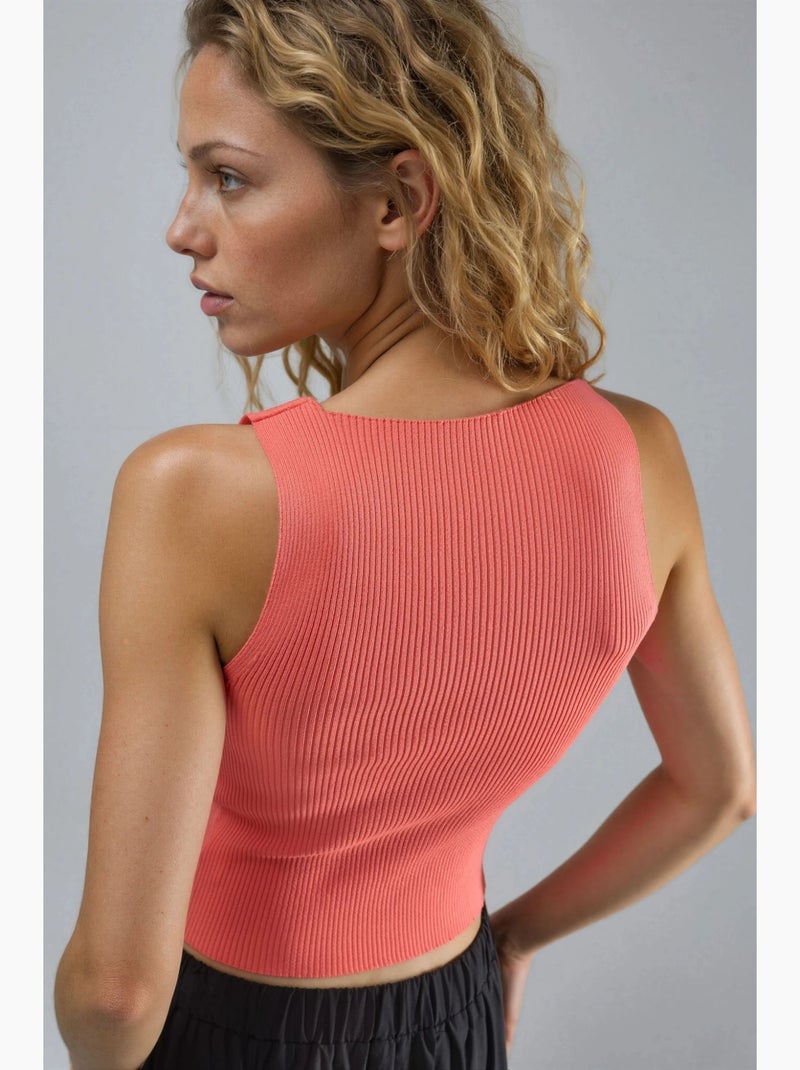 Haut en maille côtelée sans manches à col asymétrique ajusté my fashion Orange mandarine - Kiabi