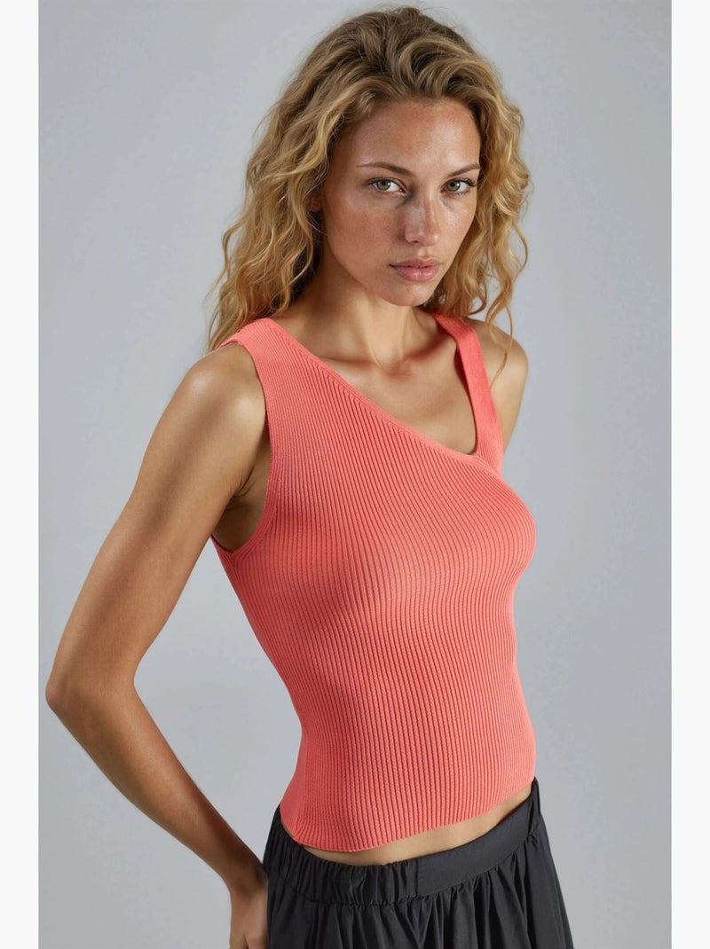 Haut en maille côtelée sans manches à col asymétrique ajusté my fashion Orange mandarine - Kiabi