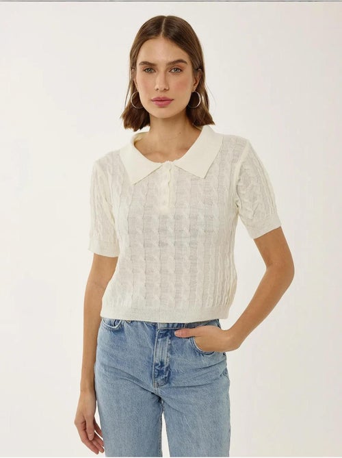 Haut en tricot à col chemise avec motif de tresses - Kiabi Haut en tricot à col chemise avec motif de tresses - Kiabi
