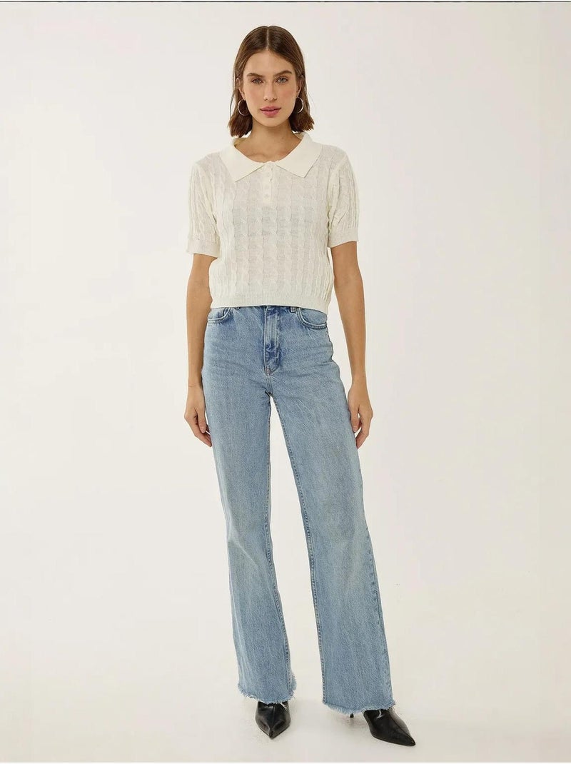 Haut en tricot à col chemise avec motif de tresses Beige naturel - Kiabi