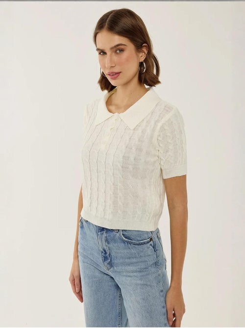 Haut en tricot à col chemise avec motif de tresses - Kiabi Haut en tricot à col chemise avec motif de tresses - Kiabi