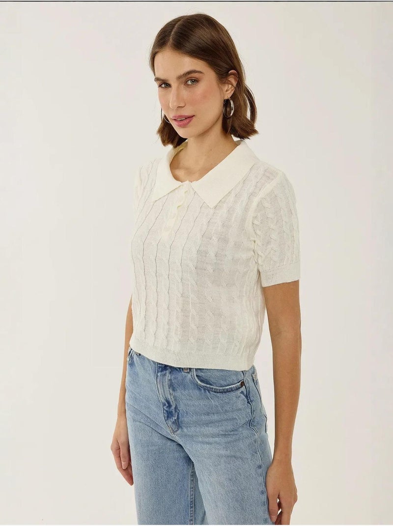 Haut en tricot à col chemise avec motif de tresses Beige naturel - Kiabi