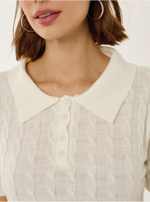 Haut en tricot à col chemise avec motif de tresses - Kiabi Haut en tricot à col chemise avec motif de tresses - Kiabi