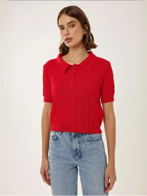 Haut en tricot à col chemise avec motif de tresses - Kiabi