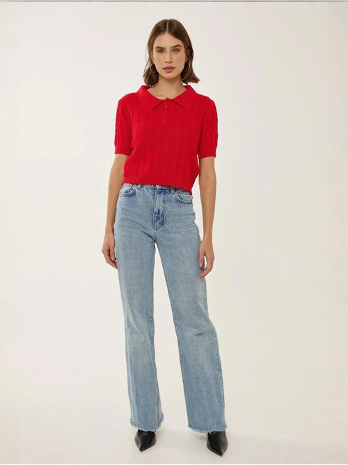 Haut en tricot à col chemise avec motif de tresses - Kiabi