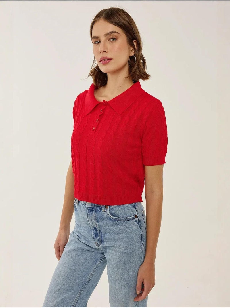 Haut en tricot à col chemise avec motif de tresses Rouge - Kiabi