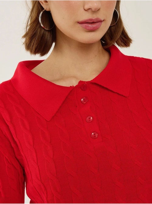 Haut en tricot à col chemise avec motif de tresses - Kiabi