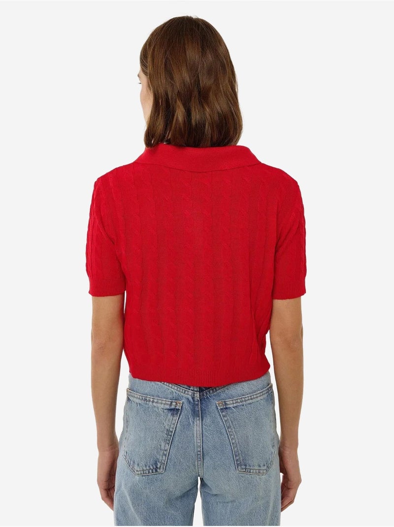Haut en tricot à col chemise avec motif de tresses Rouge - Kiabi