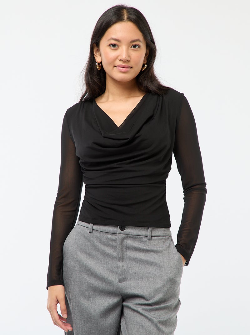 Haut manches longues drapé uni Noir - Kiabi