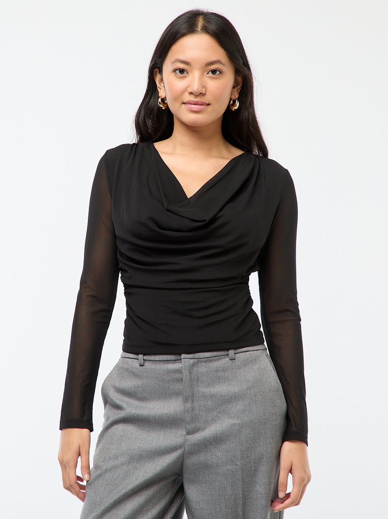 Haut manches longues drapé uni Noir - Kiabi