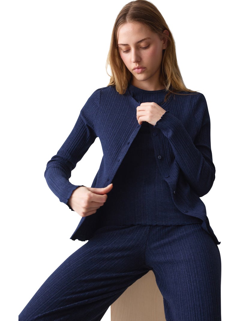 Haut pyjama ouvert manches longues versatile rib Bleu - Kiabi