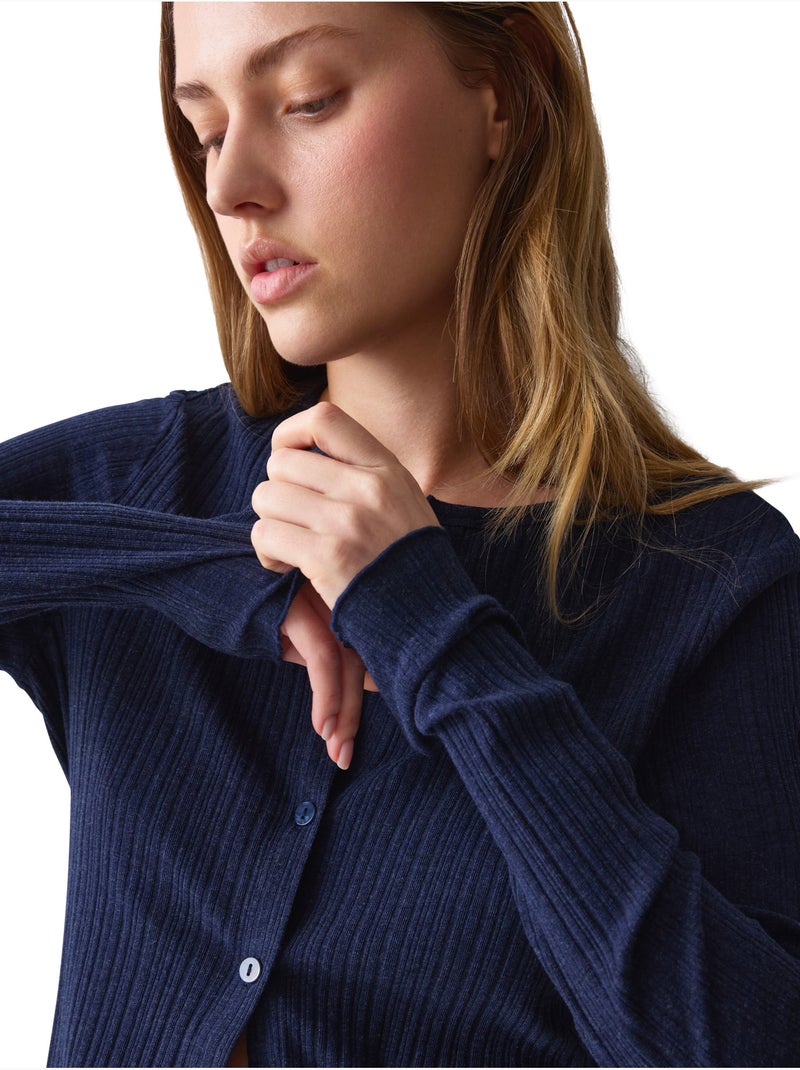 Haut pyjama ouvert manches longues versatile rib Bleu - Kiabi