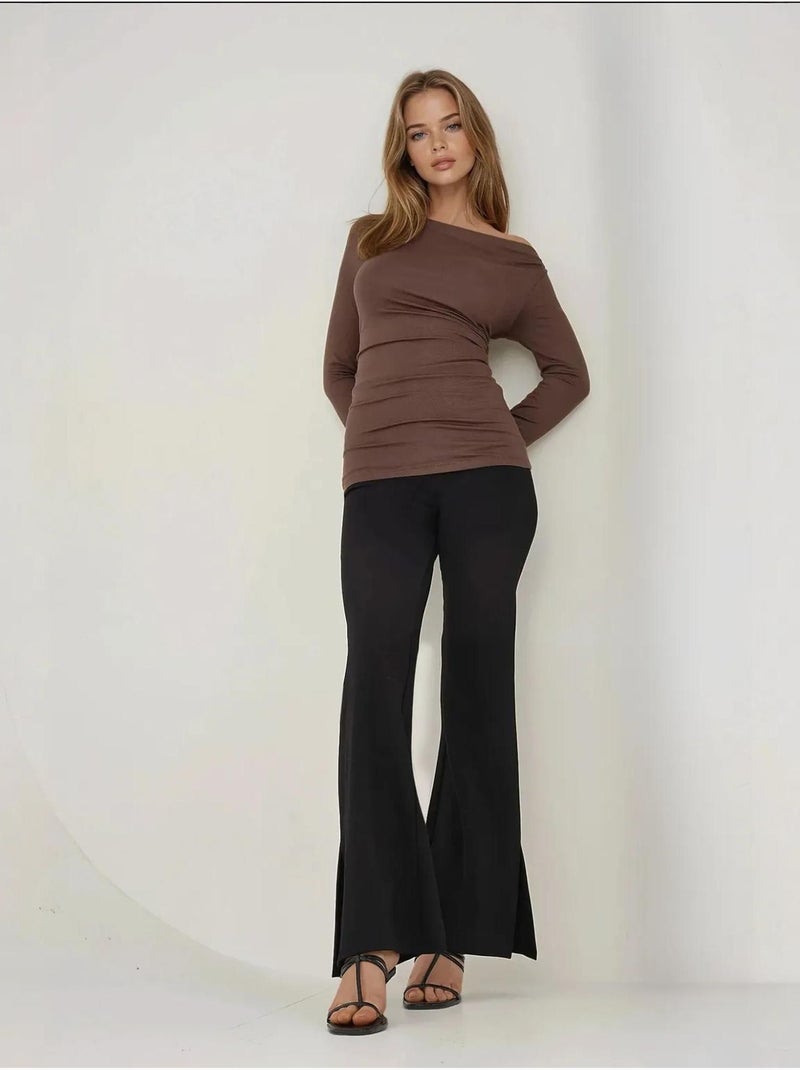Haut slim à manches longues et col asymétrique Marron - Kiabi