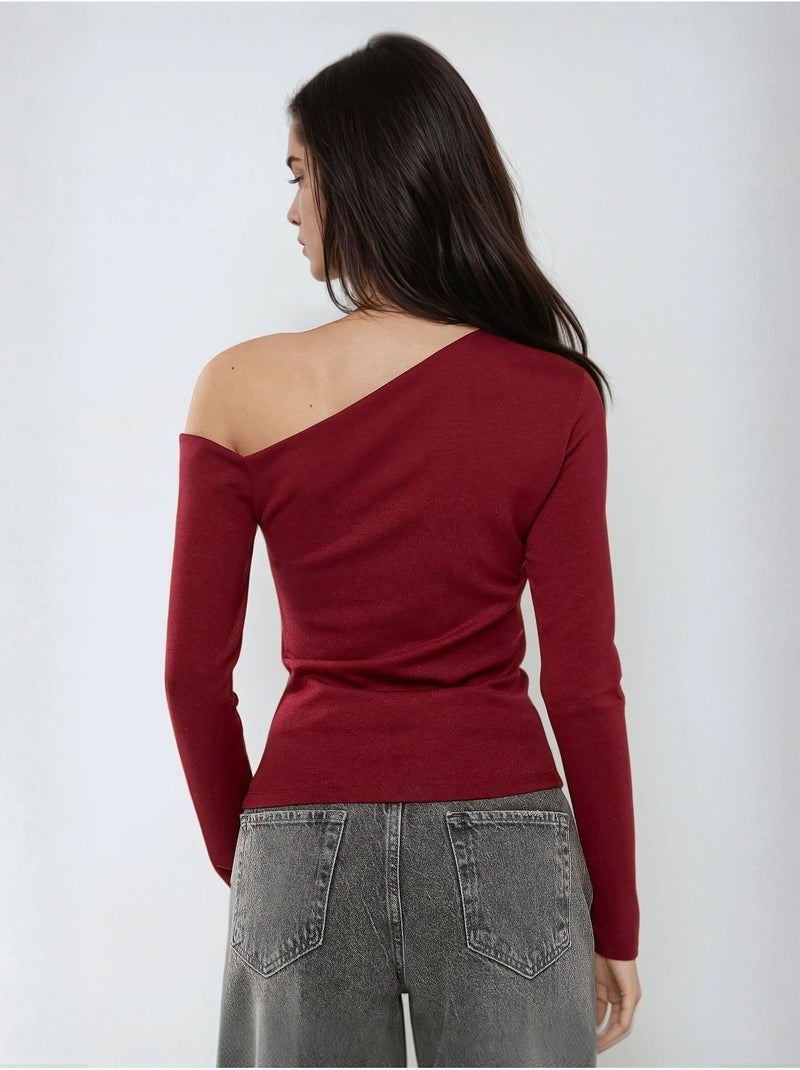 Haut slim à manches longues et col asymétrique Rouge bordeaux - Kiabi