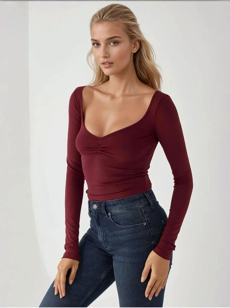 Haut slim à manches longues et col en V Rouge bordeaux - Kiabi