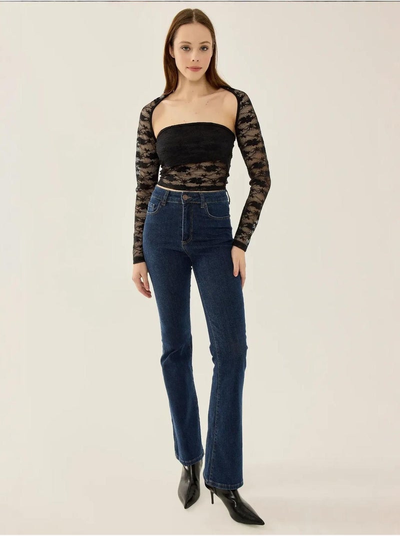 Haut slim en dentelle à manches longues Noir - Kiabi