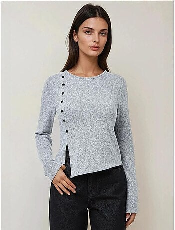 Haut texturé à manches longues et coupe ajustée boutonnée
