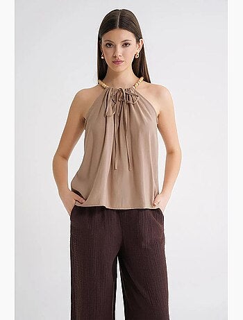 Haut tissé sans manches à bretelles perlées et col halter mixray