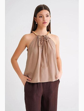 Haut tissé sans manches à bretelles perlées et col halter mixray