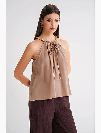 Haut tissé sans manches à bretelles perlées et col halter mixray