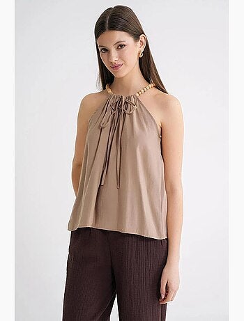 Haut tissé sans manches à bretelles perlées et col halter mixray