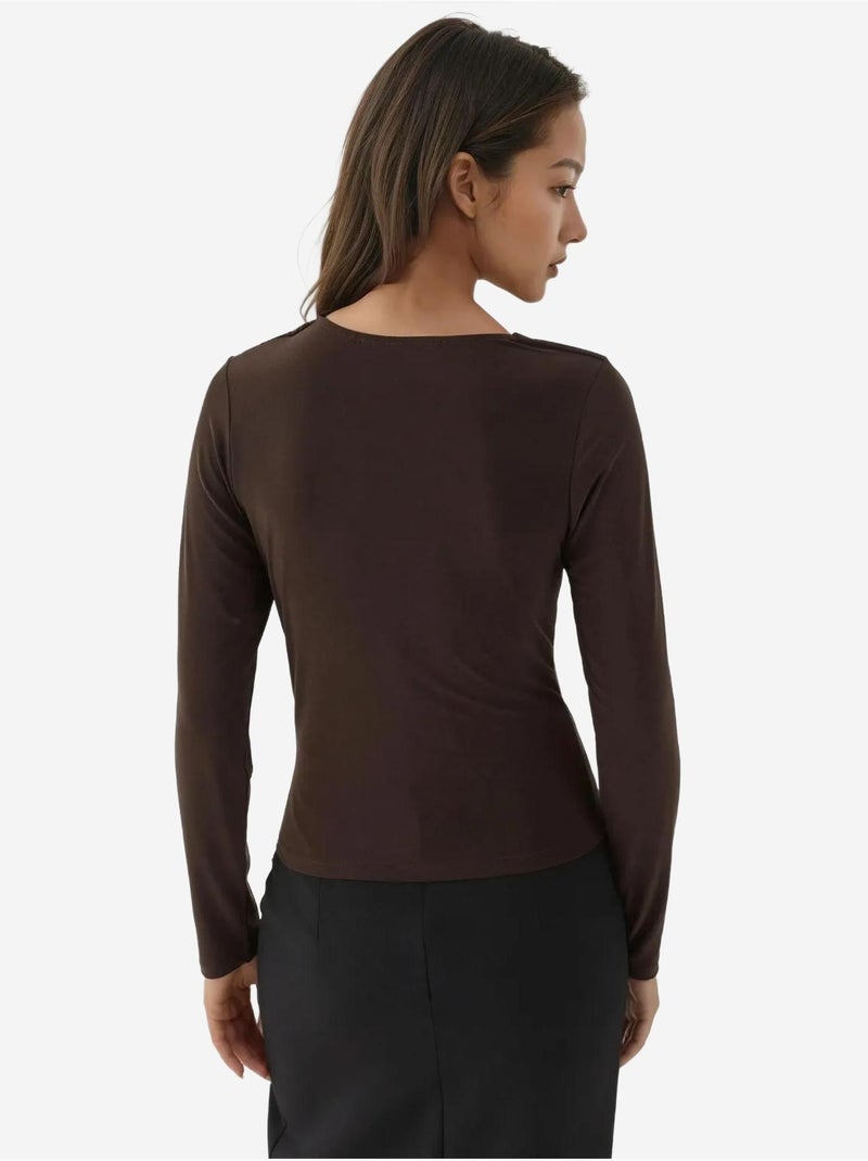 Haut tricoté à manches longues et col asymétrique Marron foncé - Kiabi